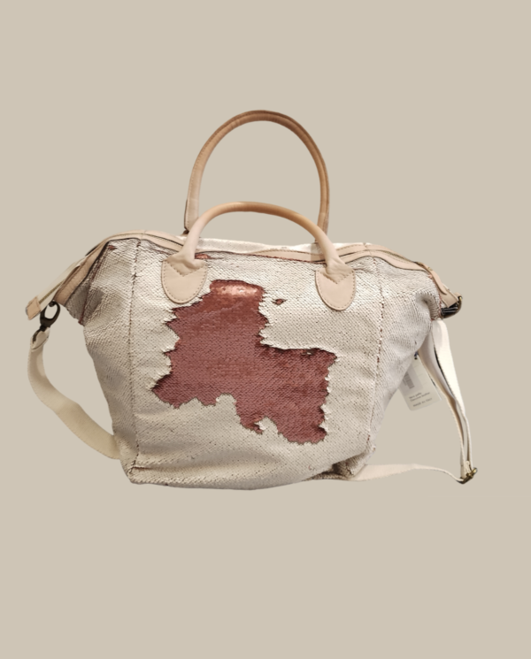 Borsa grande con paillettes, accessori in pelle tracolla in tessuto