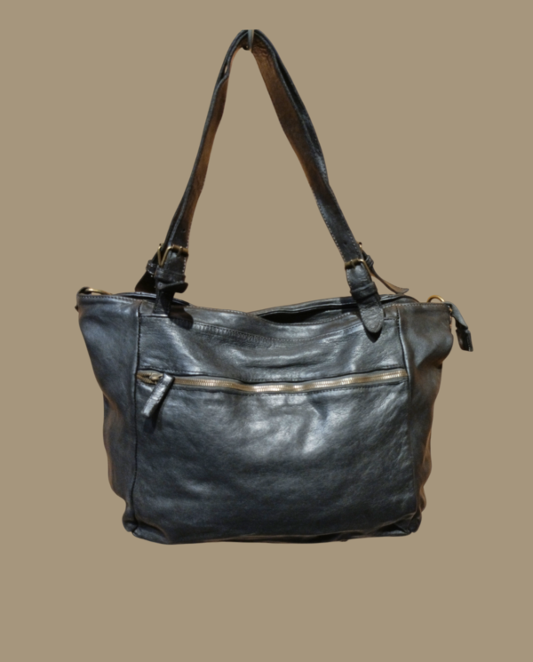 Borsa in pelle nera trattata vintage con chiusura a cerniera, tracolla
