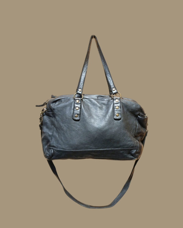 Borsa nera in pelle trattata vintage media dimensione, chiusura con cerniera