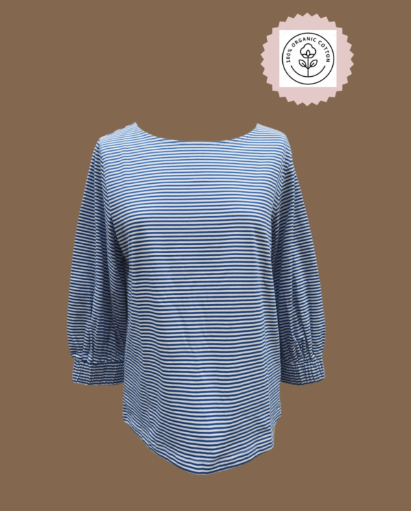 T-shirt a righe bianco e bluettes, manica a 3/4 a palloncino