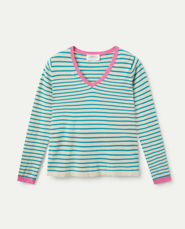 Maglia scollo a v a righe ecrù e verde, scollo a contrasto fuxia