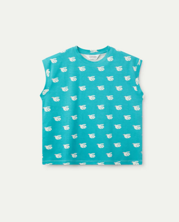 T-shirt color acqua marina con disegni, taglio quadro