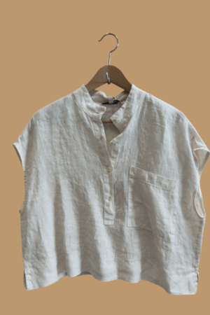 Blusa in lino taglio a scatoletta, scollo coreana