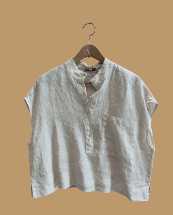 Blusa in lino taglio a scatoletta, scollo coreana