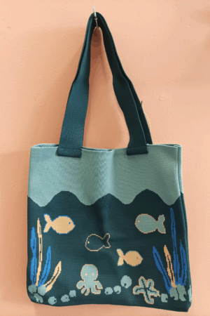 Shopping bag in tessuto con manici disegno pesciolini