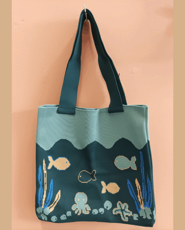 Shopping bag in tessuto con manici disegno pesciolini