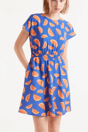 Vestito corto bluettes con fette d'arancia- vita elasticizzata, spalla scesa