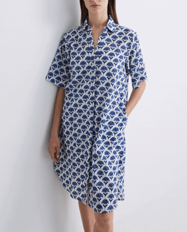 Abito camicia corto in popeline di cotone- fantasia floreale stilizzata
