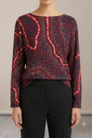 Blusa in jersey fantasia sui toni bordò, manica lunga