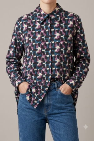 Camicia donna in cotone manica lunga bottoni a scomparsa