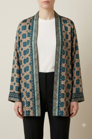 Kimono giacca in viscosa con fodera interna e tasche laterali color blu e verde pavone