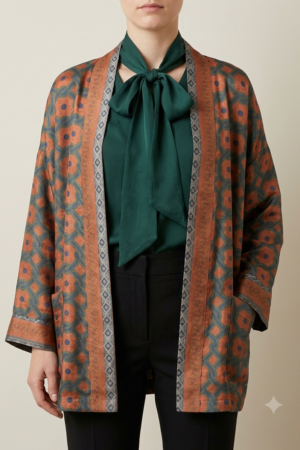 Kimono giacca in viscosa con fodera interna e tasche laterali color rugine e verde