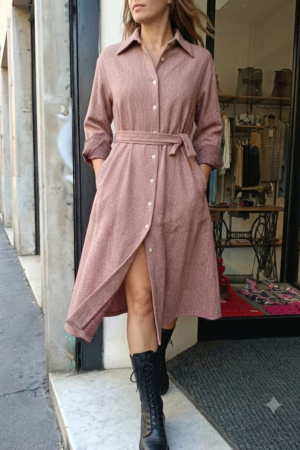 Abito chemisier spigato bordò e panna con manica camicia e tasche laterali