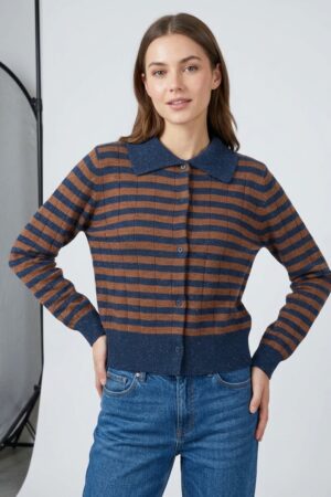 Cardigan a righe blu e marrone con filo lurex