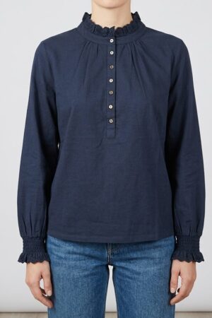 Blusa blu in jersey di cotone con collo con rouges e bottoni