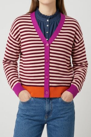 Cardigan a righe rosa e bordò con bordi in colori a contrasto -  scollo a V
