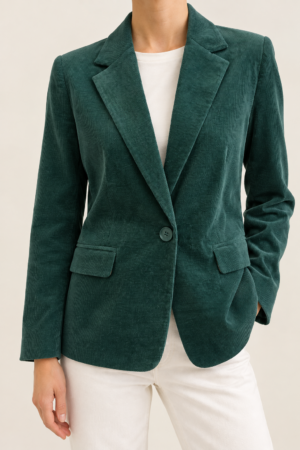Blazer in velluto a coste piccole color pavone con tasche e fodera interna