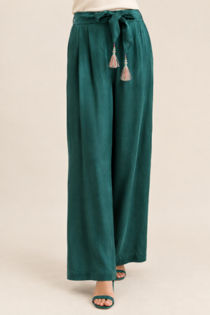 Pantalone in viscosa lucida color pavone con tasche
