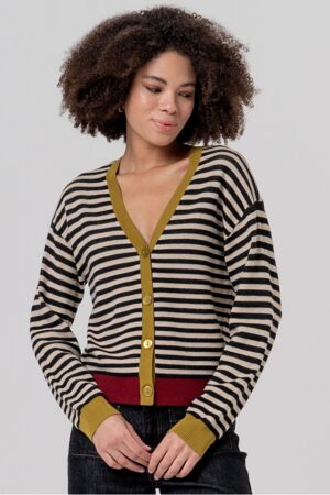 Cardigan a righe nero e panna con bordi in colori a contrasto -  scollo a V