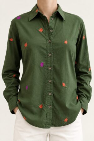 Camicia verde donna in cotone manica lunga ricami