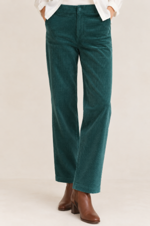 Pantalone in velluto a coste piccole color pavone gamba asciutta