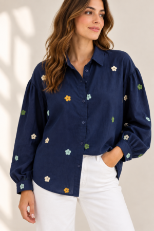 Camicia donna blu in cotone manica lunga con ricamo fiori
