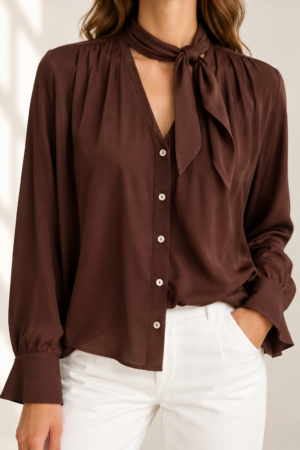 Camicia color cioccolato collo a sciarpina in viscosa