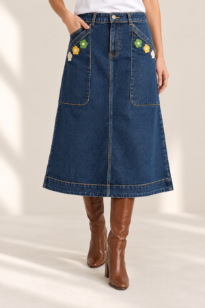 Gonna in jeans longuette con maxi tasche e ricamo fiori