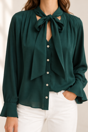 Camicia color pavone collo a sciarpina in viscosa