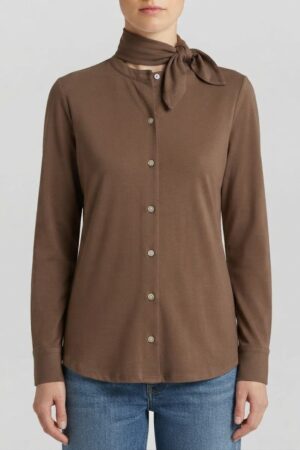 Camicia cacao jersey di cotone con bottoni - colletto alla coreana - fularino di cotone compreso