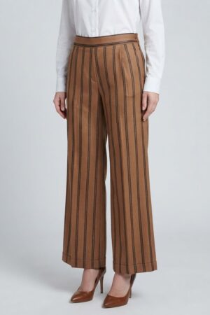 Pantalone cammello con riga cacao e lurex -mezzo elastico dietro