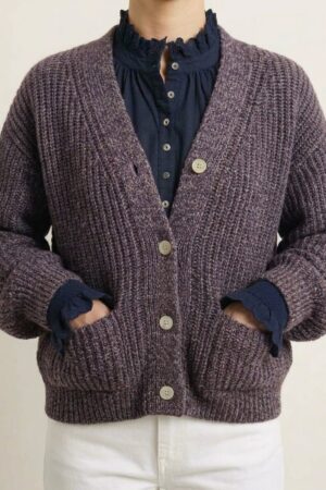 Cardigan over scollo a V con tasche color melange viola