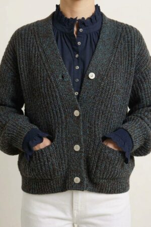 Cardigan over scollo a V con tasche color melange blu