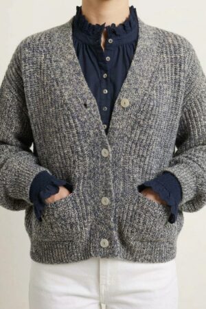 Cardigan over scollo a V con tasche color melange blu