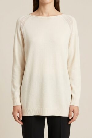 Maglia panna leggermente lunga con spacchetti 100% lana merinos