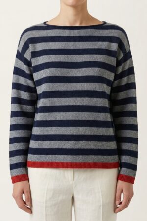 Maglia a righe blu e grigia con bordo a contrasto ruggine
