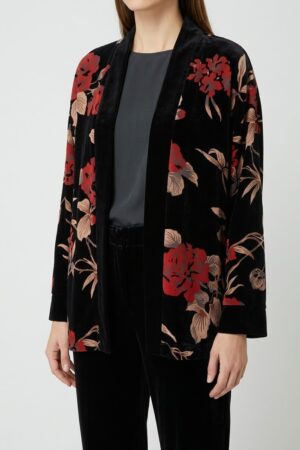 Kimono giacca in velluto devorè su base nero e fantasia a fiori