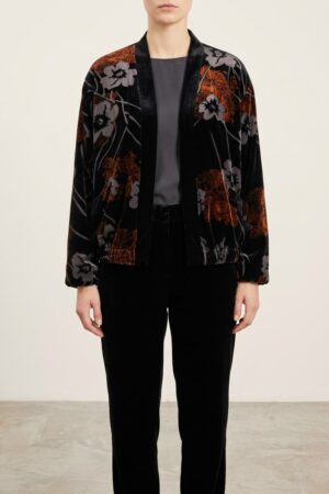 Kimono bomber corto in velluto devorè su base nero