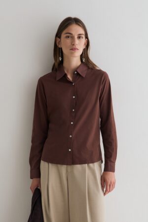 Camicia cioccolato in jersey di cotone con bottoni e colletto
