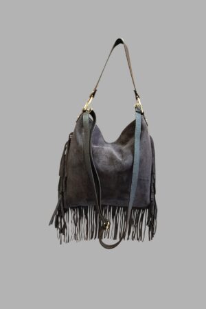 Borsa viola7grigio in pelle tagliocon doppia tracolla e chiusura cerniera - Frange laterali