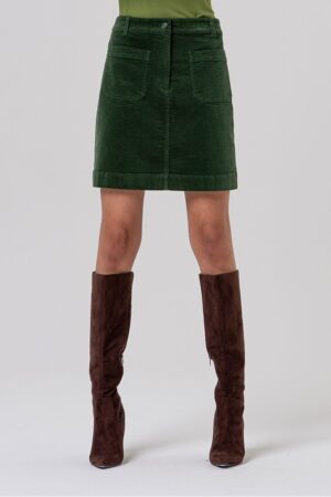 Mini gonna verde in velluto con tasche frontali