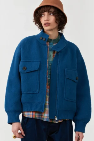 Giubbotto in maglia taglio bomber turchese con maxi tasche