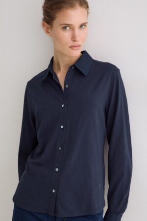 Camicia blu jersey di cotone con bottoni e colletto