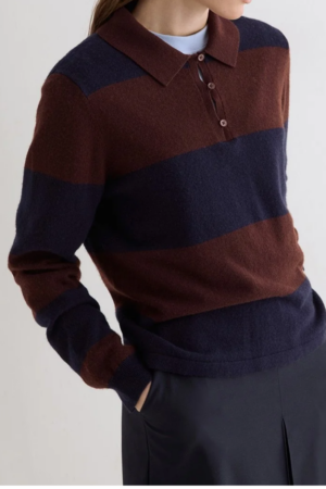 Maglia serafino con colletto e bottoncini a righe cioccolato e blu